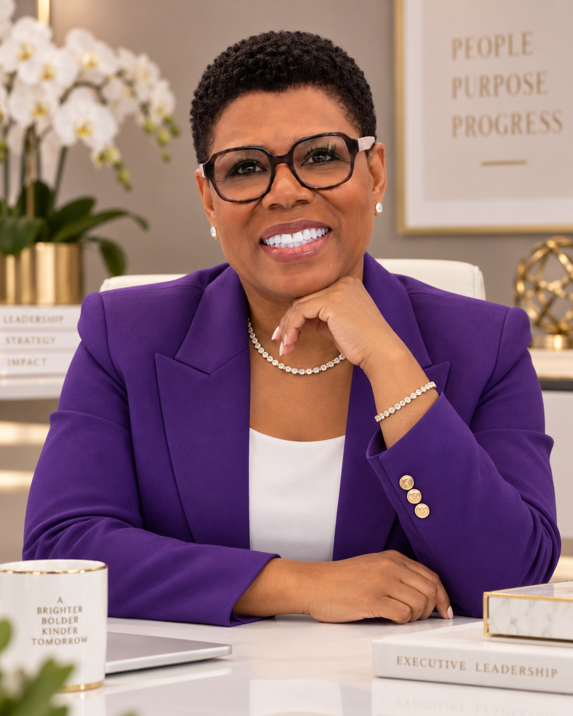 Adalena Oliver seated at a desk in a purple blazer, smiling.