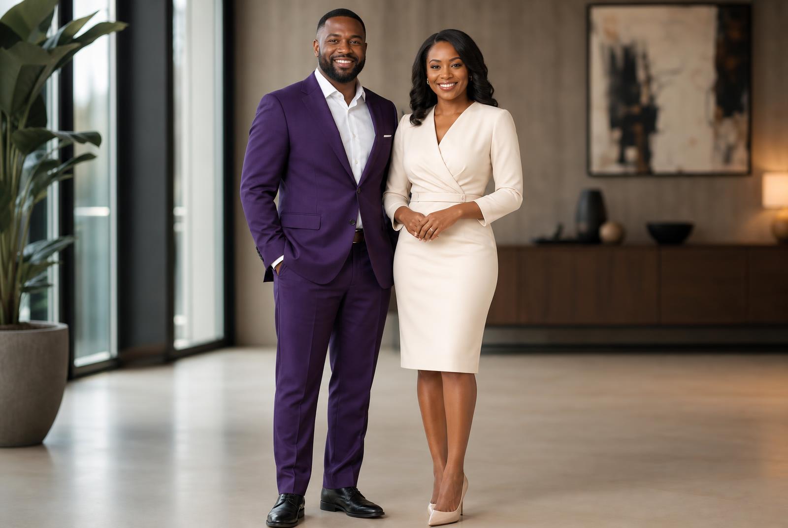 Two African American business professionals, a man in a royal purple suit and a woman in a cream dress with matching heels, standing together in a modern office.
