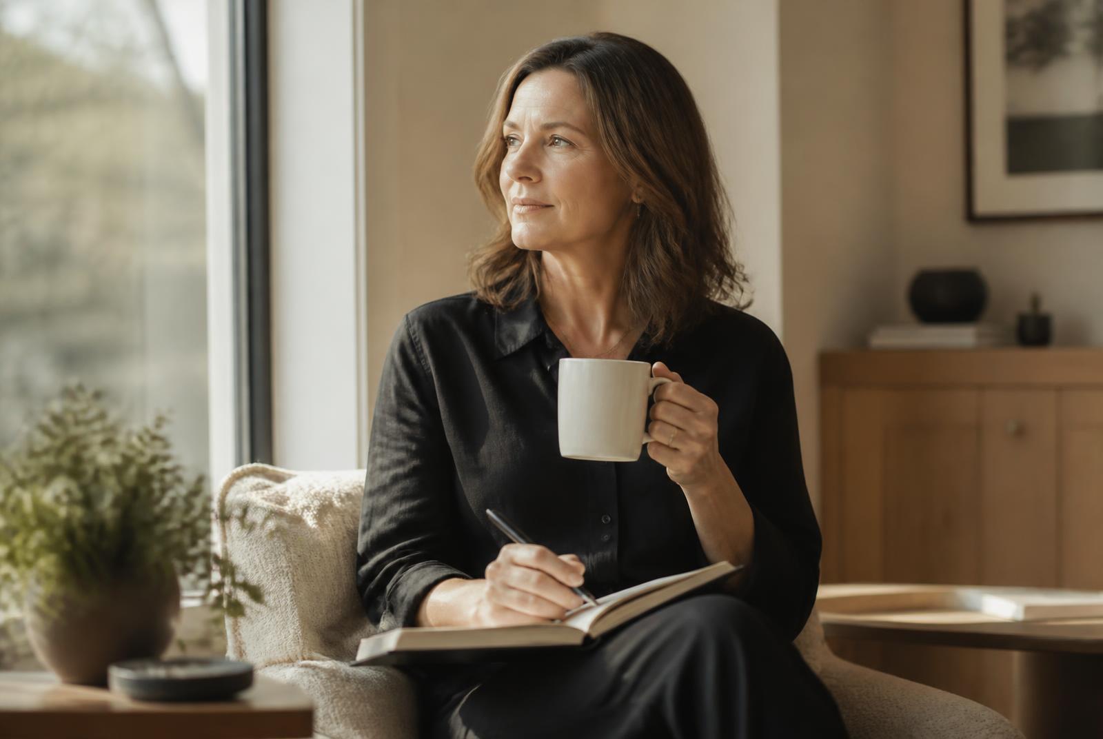 A professional sitting quietly with a notebook, thinking through a decision.