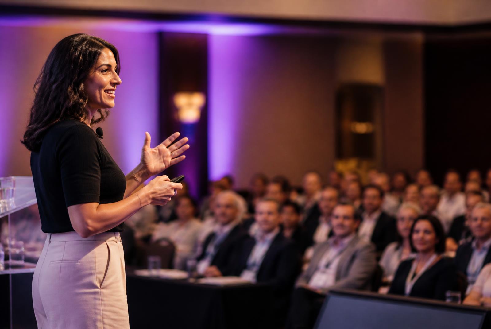 A speaker addressing an engaged professional audience in a conference ballroom.