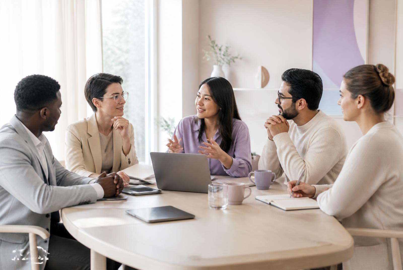 A cross-functional team collaborating in a bright meeting room.